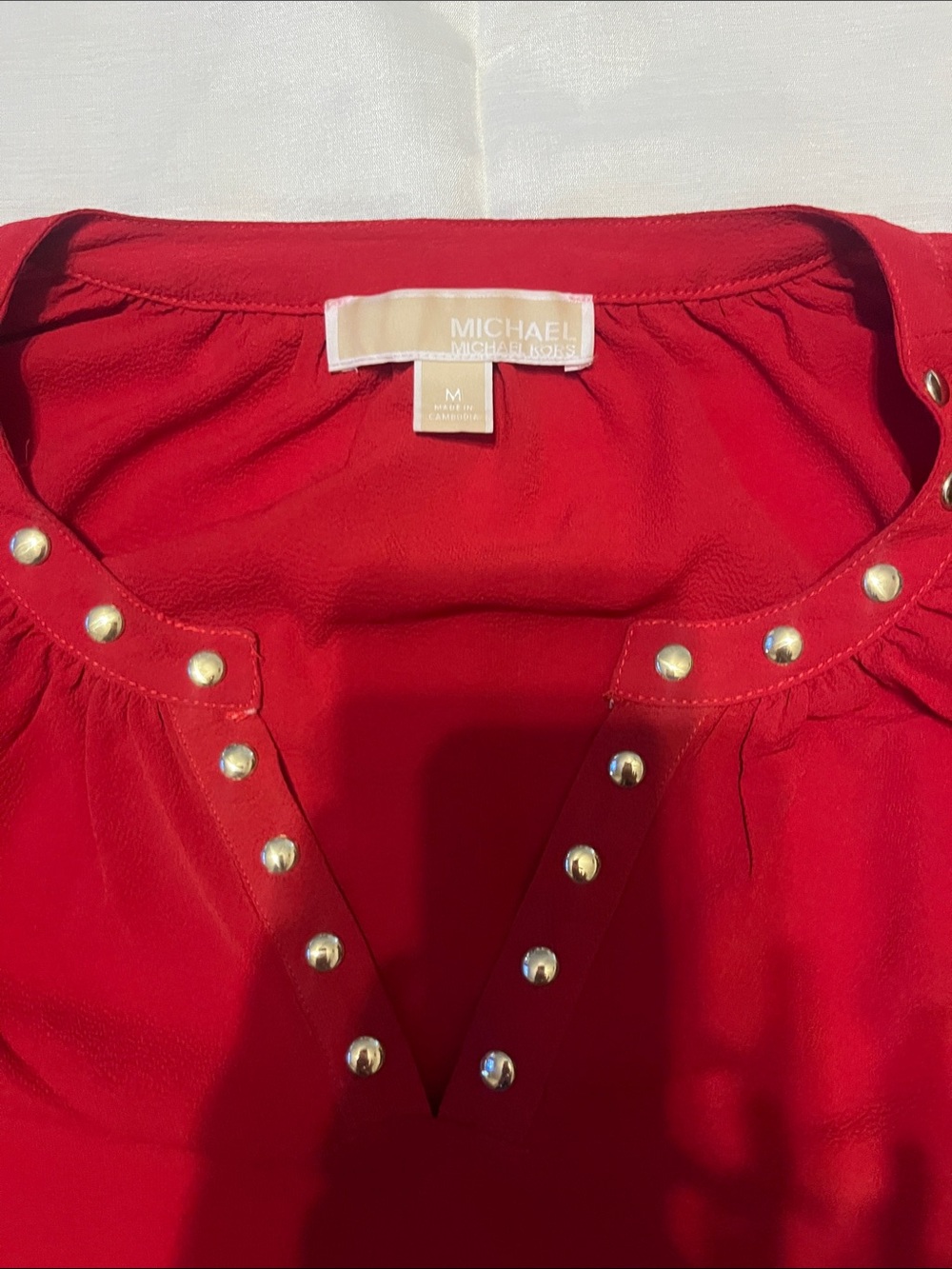 MICHAEL Michael Kors Red V-Neck Long-Sleeve Top with Stud Accents - Picture 3 of 6